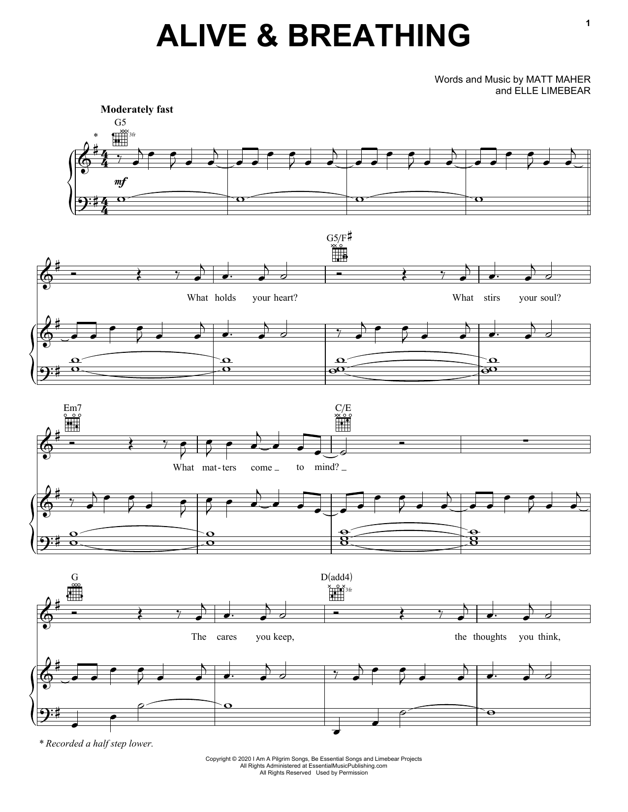 Download Matt Maher Alive & Breathing (feat. Elle Limebear) Sheet Music and learn how to play Piano, Vocal & Guitar Chords (Right-Hand Melody) PDF digital score in minutes