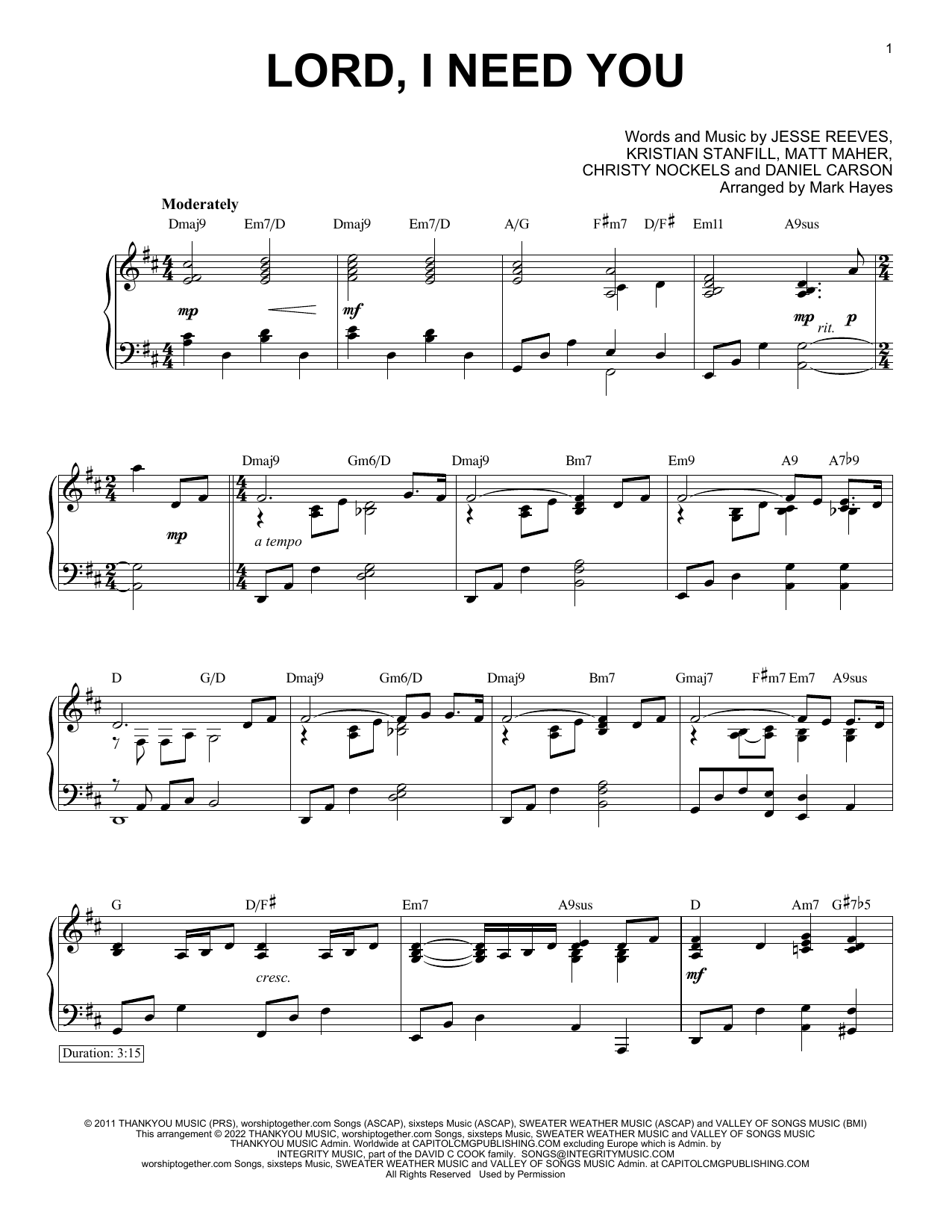 Download Matt Maher Lord, I Need You (arr. Mark Hayes) Sheet Music and learn how to play Piano Solo PDF digital score in minutes