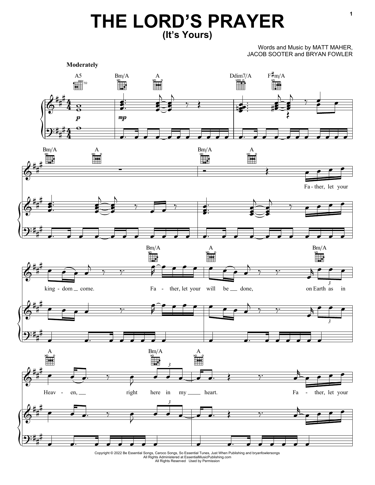 Download Matt Maher The Lord's Prayer (It's Yours) Sheet Music and learn how to play Piano, Vocal & Guitar Chords (Right-Hand Melody) PDF digital score in minutes