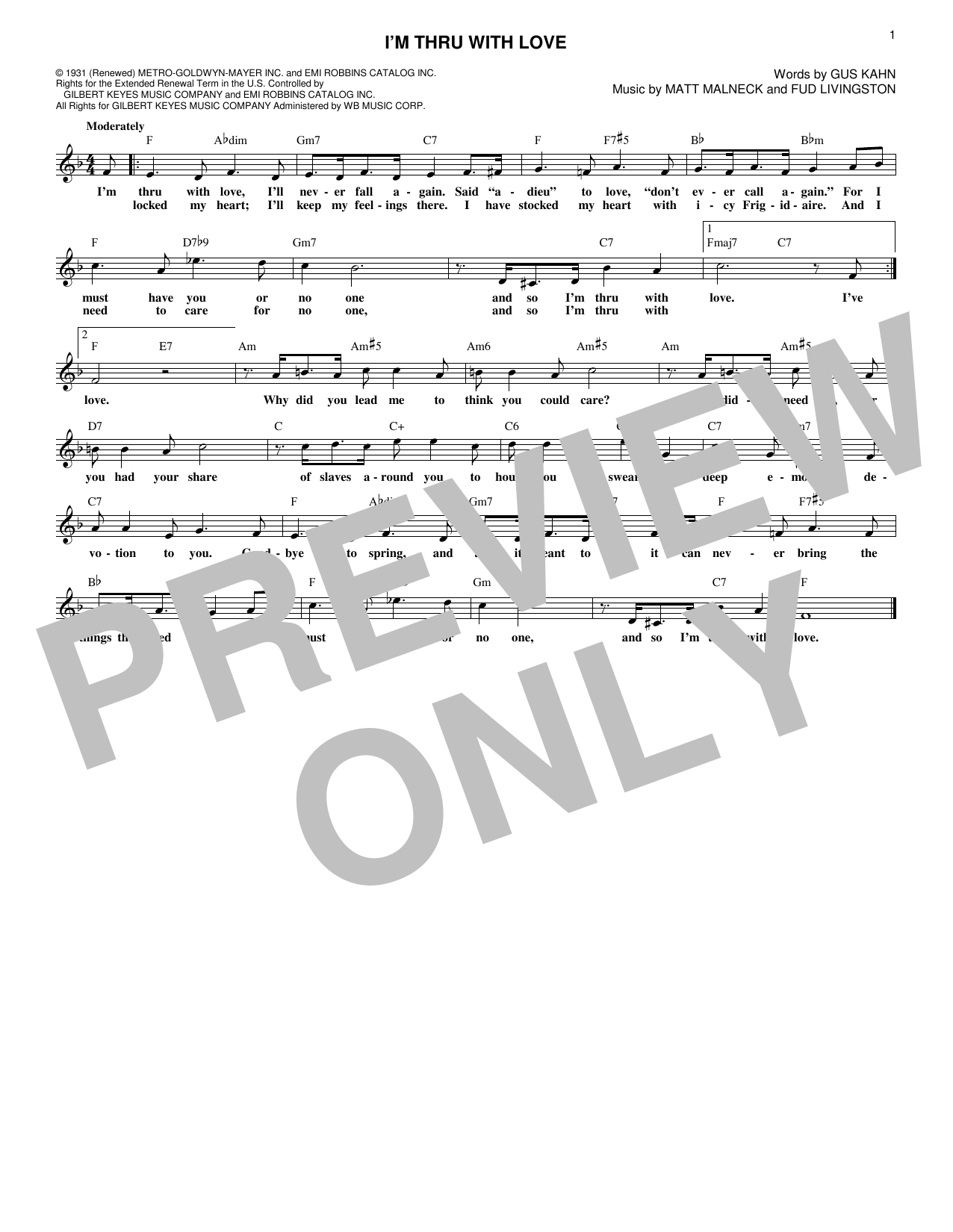 Download Matt Malneck I'm Thru With Love Sheet Music and learn how to play Melody Line, Lyrics & Chords PDF digital score in minutes