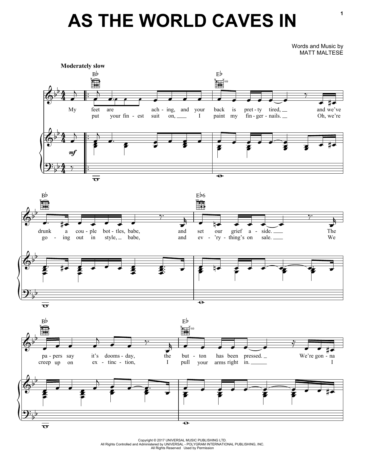 Download Matt Maltese As The World Caves In Sheet Music and learn how to play Piano, Vocal & Guitar Chords (Right-Hand Melody) PDF digital score in minutes
