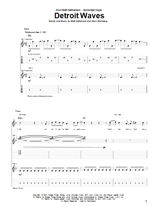 Download Matt Nathanson Detroit Waves Sheet Music and learn how to play Guitar Tab PDF digital score in minutes