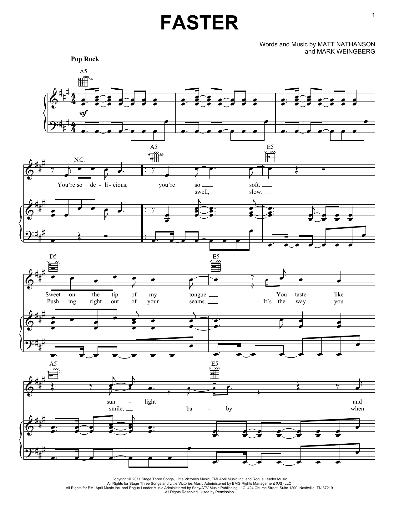Download Matt Nathanson Faster Sheet Music and learn how to play Piano, Vocal & Guitar (Right-Hand Melody) PDF digital score in minutes