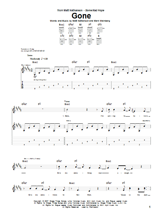 Download Matt Nathanson Gone Sheet Music and learn how to play Guitar Tab PDF digital score in minutes