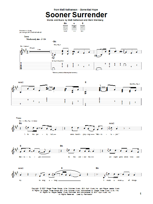 Download Matt Nathanson Sooner Surrender Sheet Music and learn how to play Guitar Tab PDF digital score in minutes