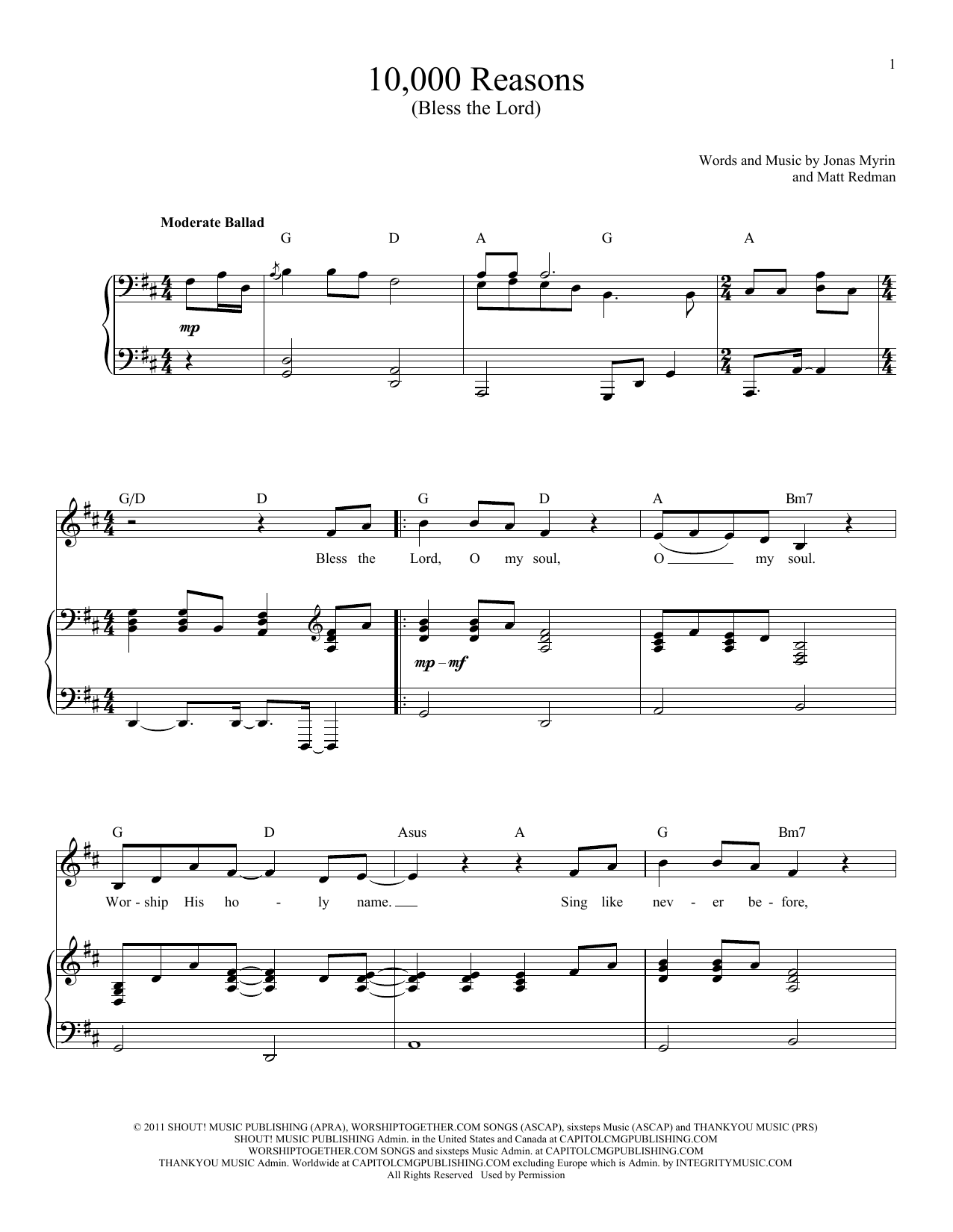 Download Matt Redman 10,000 Reasons (Bless The Lord) Sheet Music and learn how to play Piano & Vocal PDF digital score in minutes