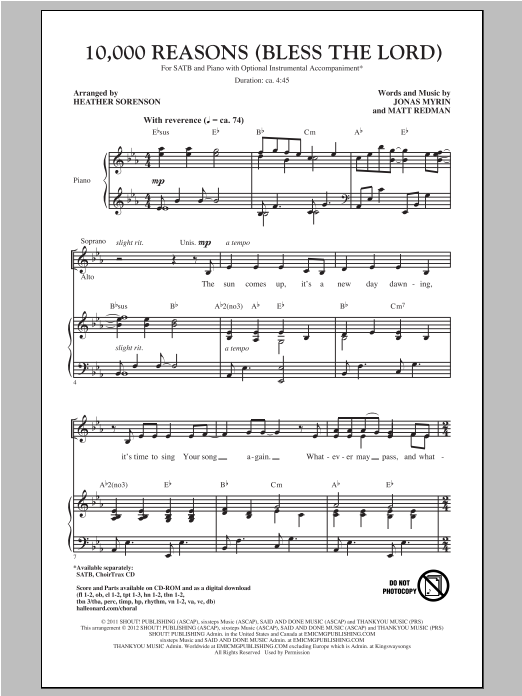 Download Heather Sorenson 10,000 Reasons (Bless The Lord) Sheet Music and learn how to play SAB PDF digital score in minutes