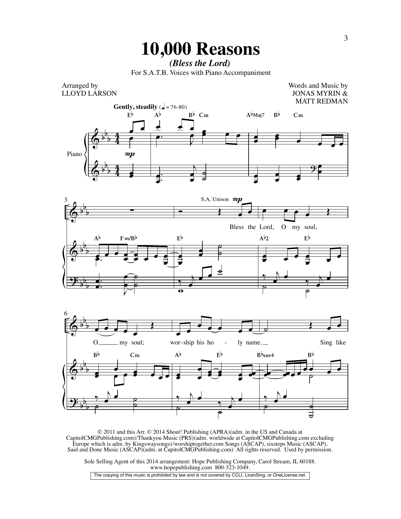 Download Matt Redman 10,000 Reasons (Bless the Lord) (arr. Lloyd Larson) Sheet Music and learn how to play SATB Choir PDF digital score in minutes
