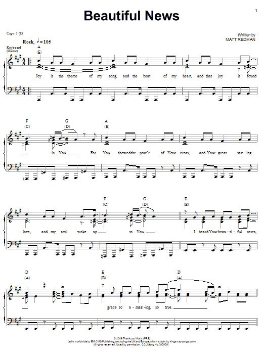 Download Matt Redman Beautiful News Sheet Music and learn how to play Piano, Vocal & Guitar (Right-Hand Melody) PDF digital score in minutes