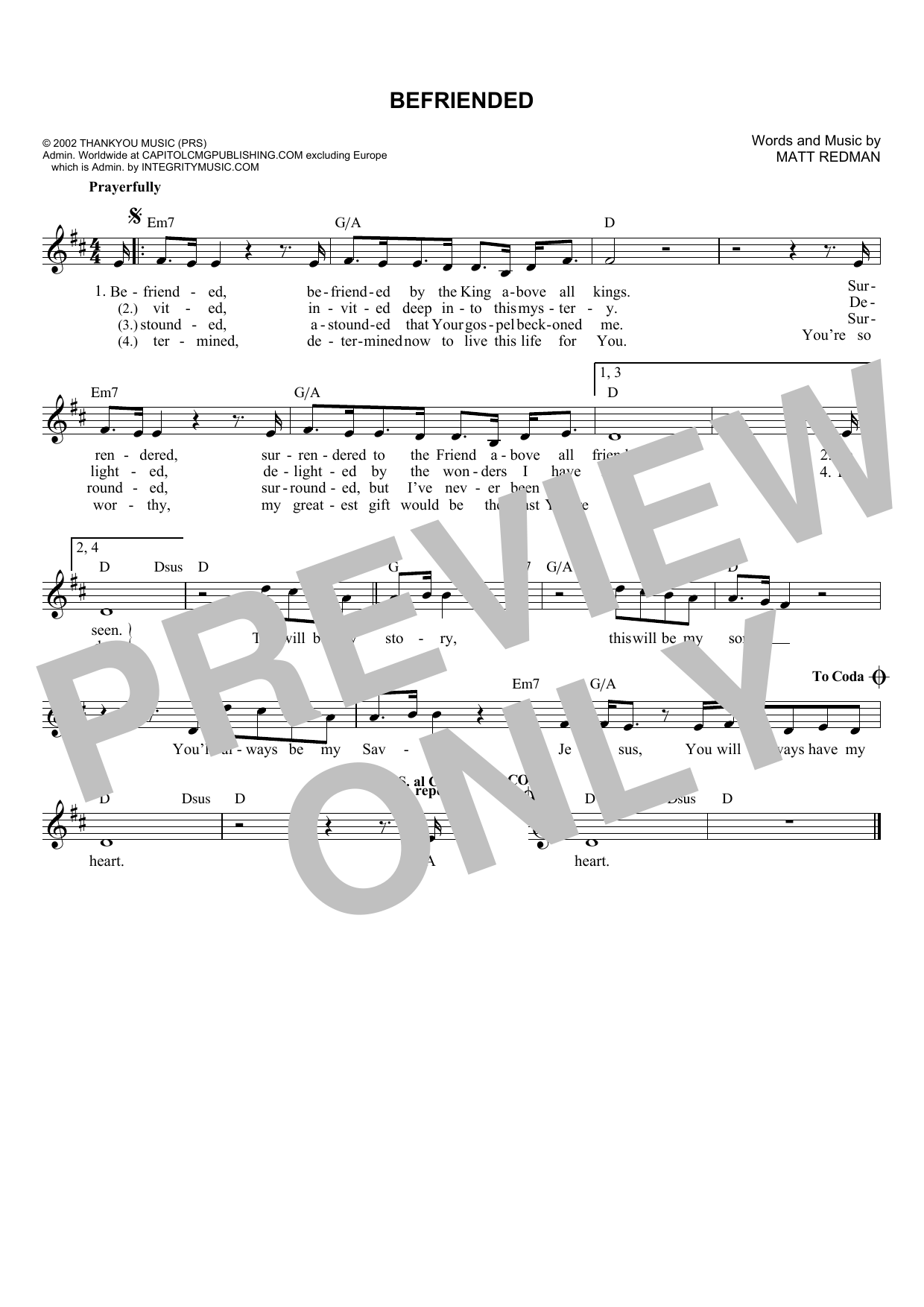 Download Matt Redman Befriended Sheet Music and learn how to play Melody Line, Lyrics & Chords PDF digital score in minutes