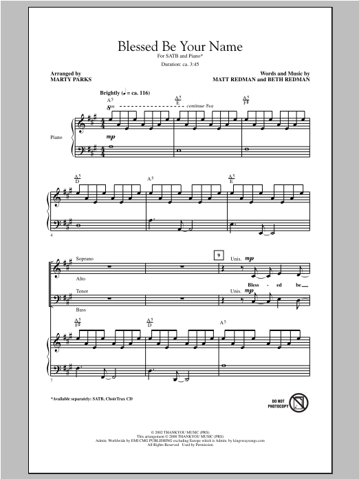 Download Matt Redman Blessed Be Your Name (arr. Marty Parks) Sheet Music and learn how to play SATB Choir PDF digital score in minutes