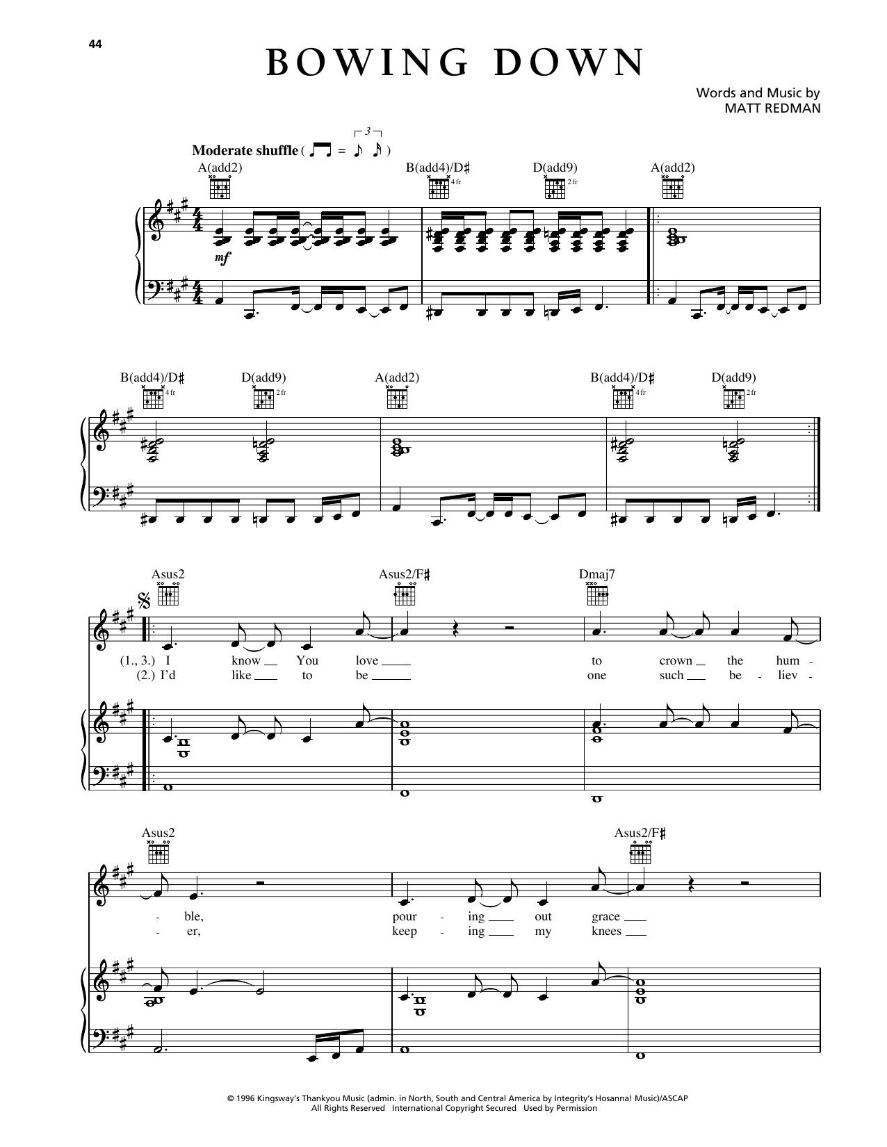 Download Matt Redman Bowing Down Sheet Music and learn how to play Piano, Vocal & Guitar Chords (Right-Hand Melody) PDF digital score in minutes