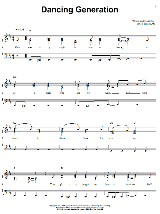 Download Matt Redman Dancing Generation Sheet Music and learn how to play Piano, Vocal & Guitar (Right-Hand Melody) PDF digital score in minutes