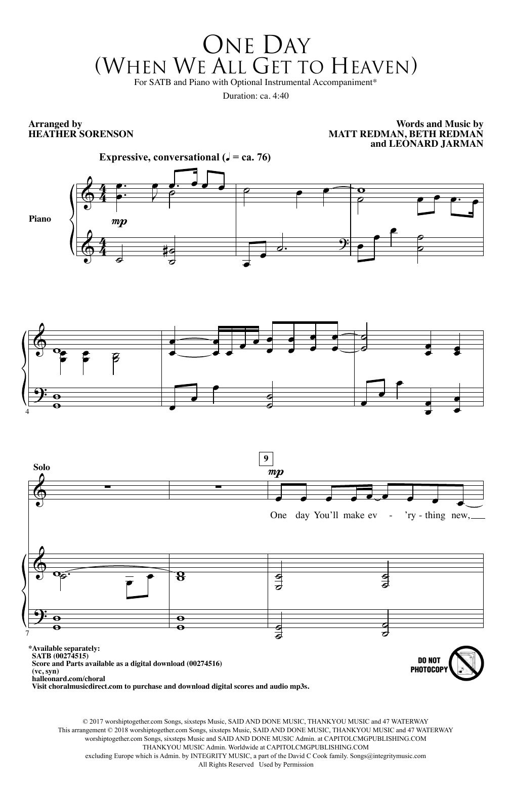 Download Matt Redman One Day (When We All Get To Heaven) (Arr. Heather Sorenson) Sheet Music and learn how to play SATB Choir PDF digital score in minutes