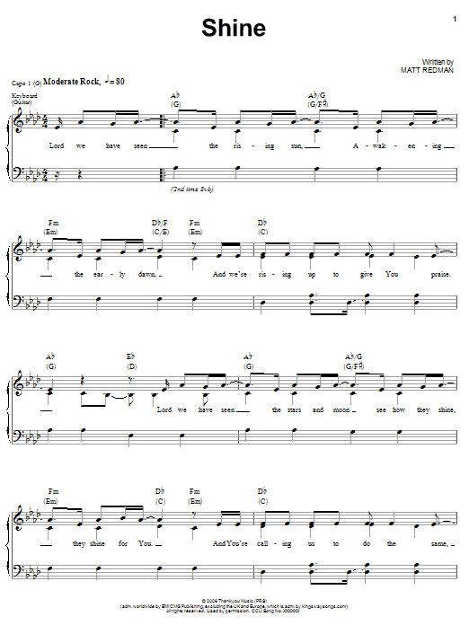 Download Matt Redman Shine Sheet Music and learn how to play Piano, Vocal & Guitar (Right-Hand Melody) PDF digital score in minutes