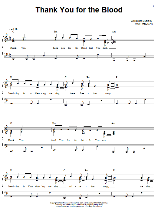 Download Matt Redman Thank You For The Blood Sheet Music and learn how to play Piano, Vocal & Guitar Chords (Right-Hand Melody) PDF digital score in minutes