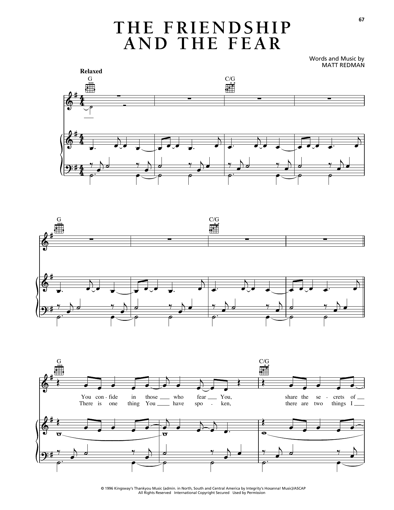 Download Matt Redman The Friendship And The Fear Sheet Music and learn how to play Piano, Vocal & Guitar Chords (Right-Hand Melody) PDF digital score in minutes