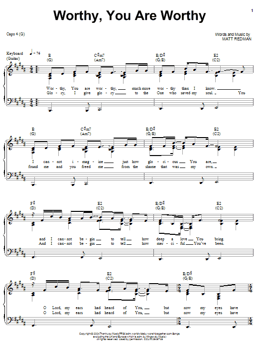 Download Matt Redman Worthy, You Are Worthy Sheet Music and learn how to play Piano, Vocal & Guitar (Right-Hand Melody) PDF digital score in minutes