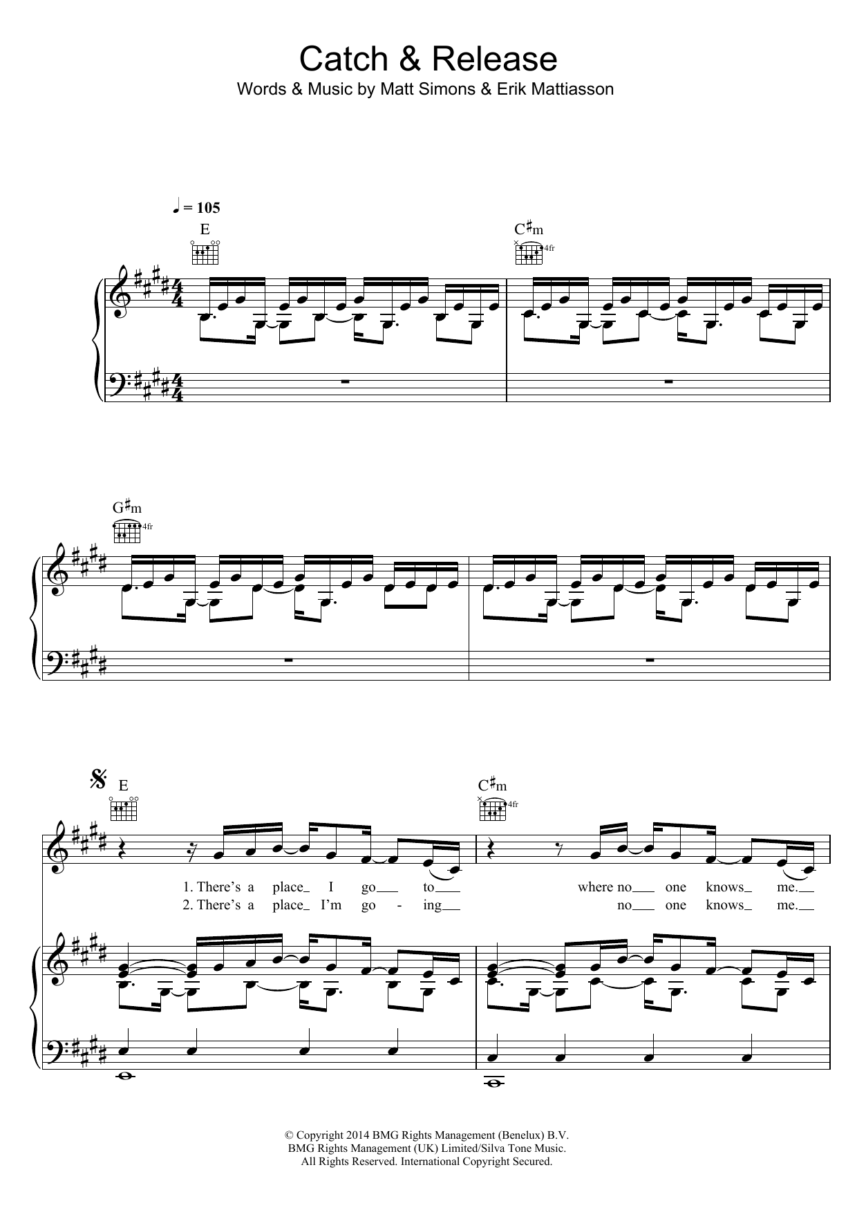 Download Matt Simons Catch & Release Sheet Music and learn how to play Piano, Vocal & Guitar (Right-Hand Melody) PDF digital score in minutes
