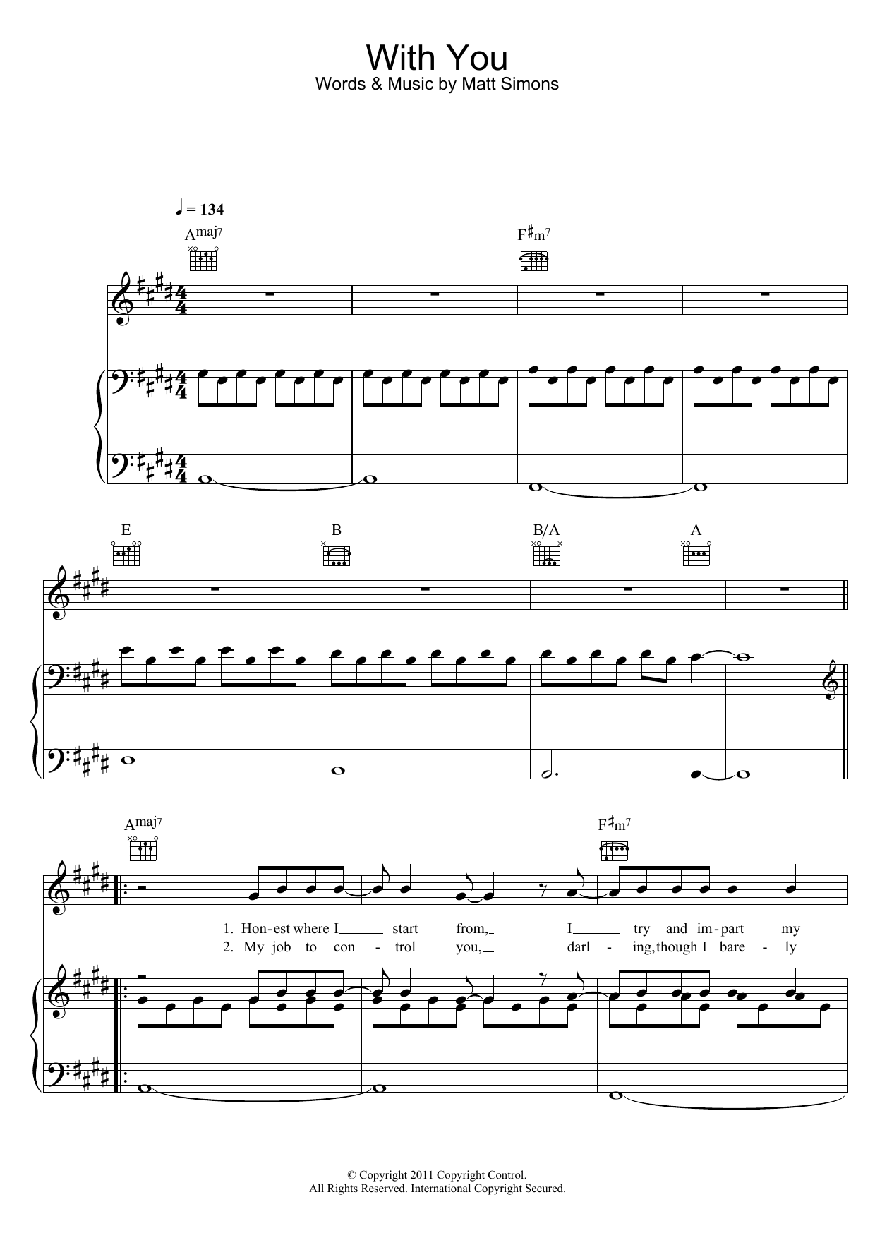 Download Matt Simons With You Sheet Music and learn how to play Piano, Vocal & Guitar (Right-Hand Melody) PDF digital score in minutes