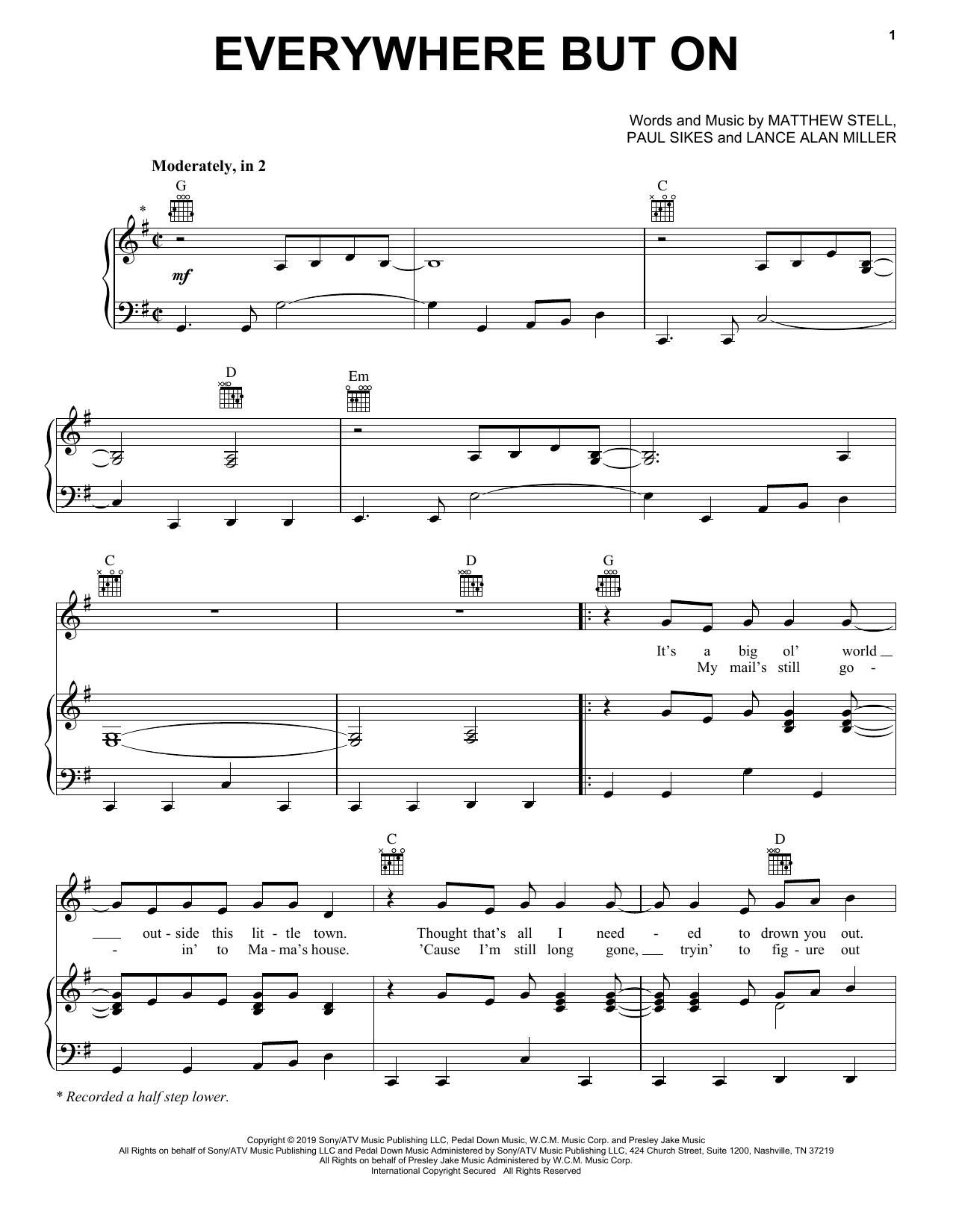 Download Matt Stell Everywhere But On Sheet Music and learn how to play Piano, Vocal & Guitar Chords (Right-Hand Melody) PDF digital score in minutes