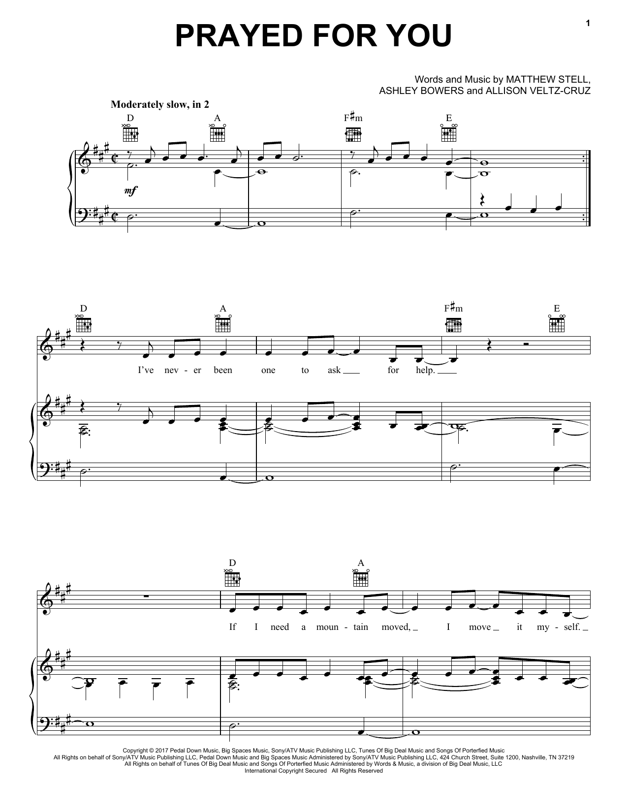 Download Matt Stell Prayed For You Sheet Music and learn how to play Piano, Vocal & Guitar Chords (Right-Hand Melody) PDF digital score in minutes