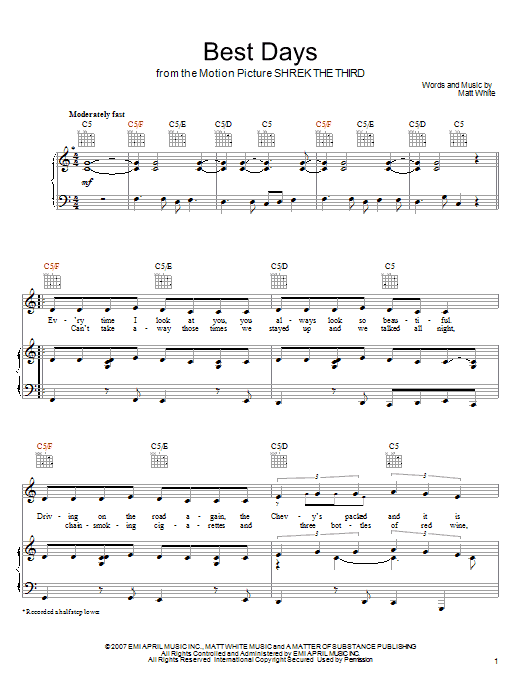 Download Matt White Best Days Sheet Music and learn how to play Piano, Vocal & Guitar (Right-Hand Melody) PDF digital score in minutes