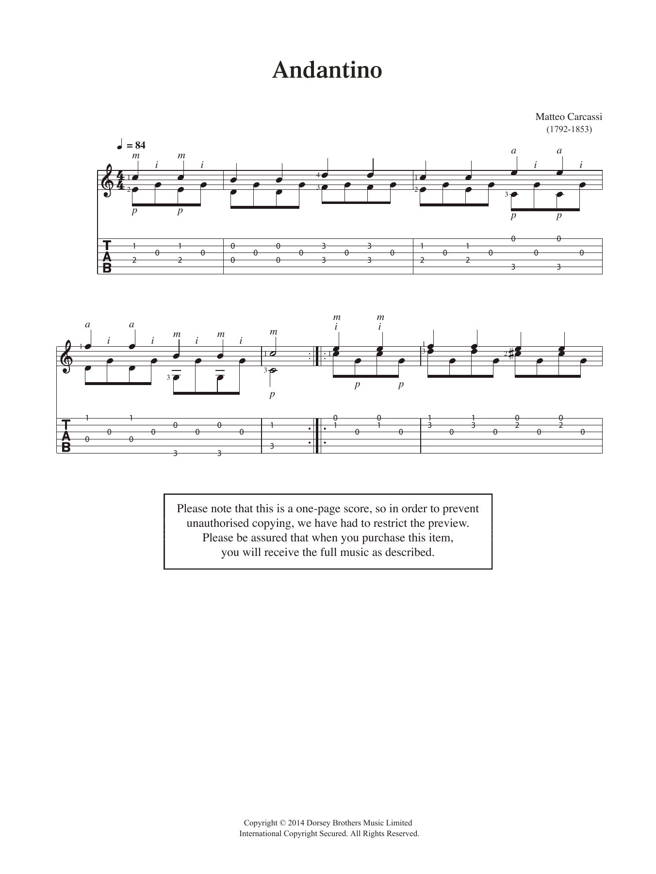 Download Matteo Carcassi Andantino Sheet Music and learn how to play Solo Guitar PDF digital score in minutes