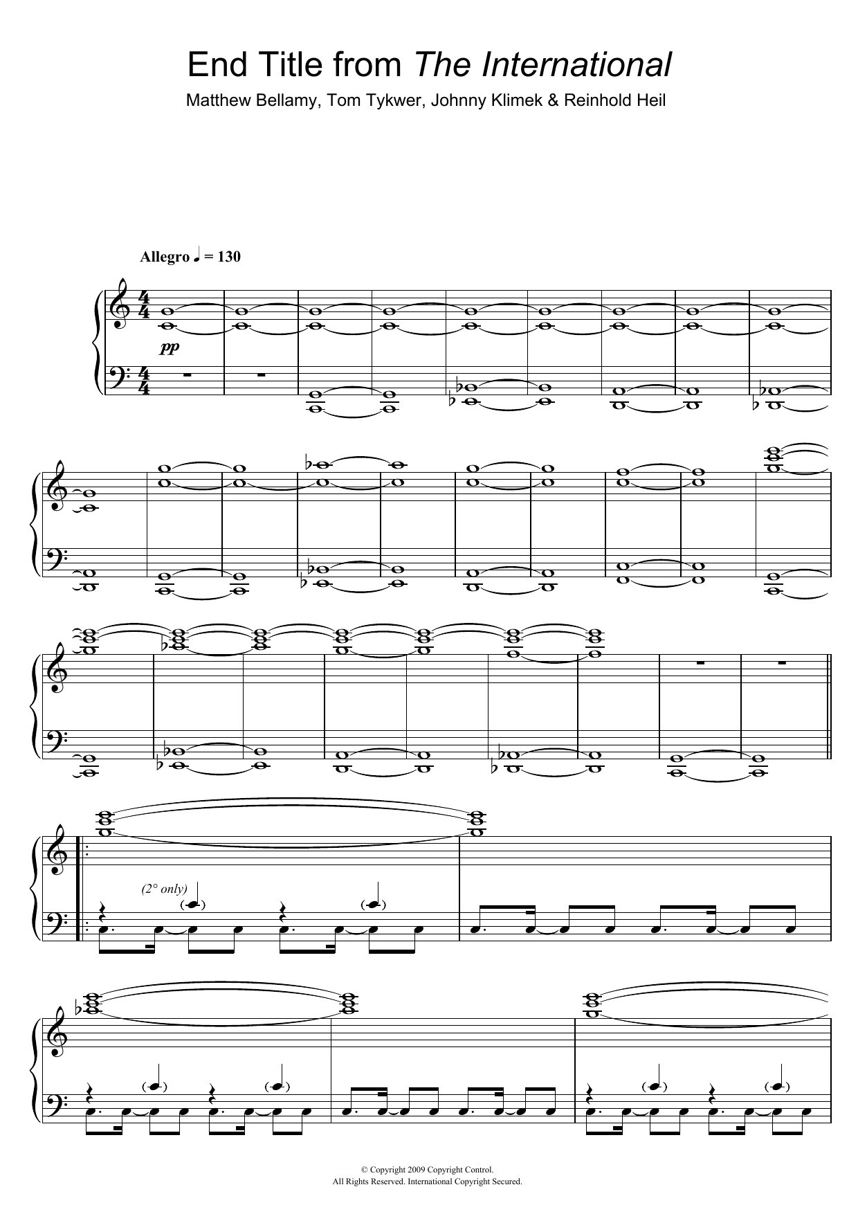 Download Matthew Bellamy End Title (from The International) Sheet Music and learn how to play Piano PDF digital score in minutes