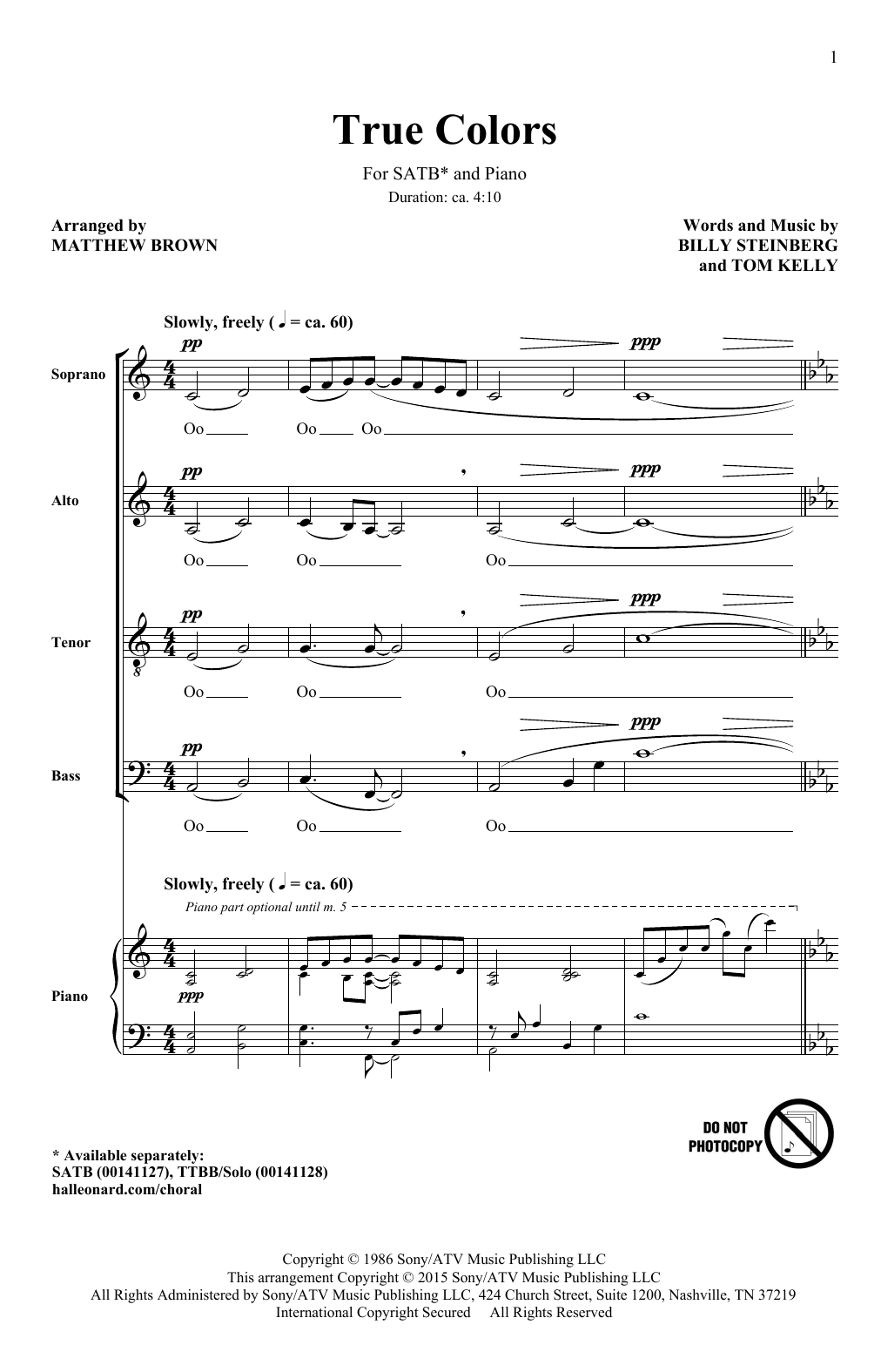 Download Cyndi Lauper True Colors (arr. Matthew Brown) Sheet Music and learn how to play TTBB PDF digital score in minutes