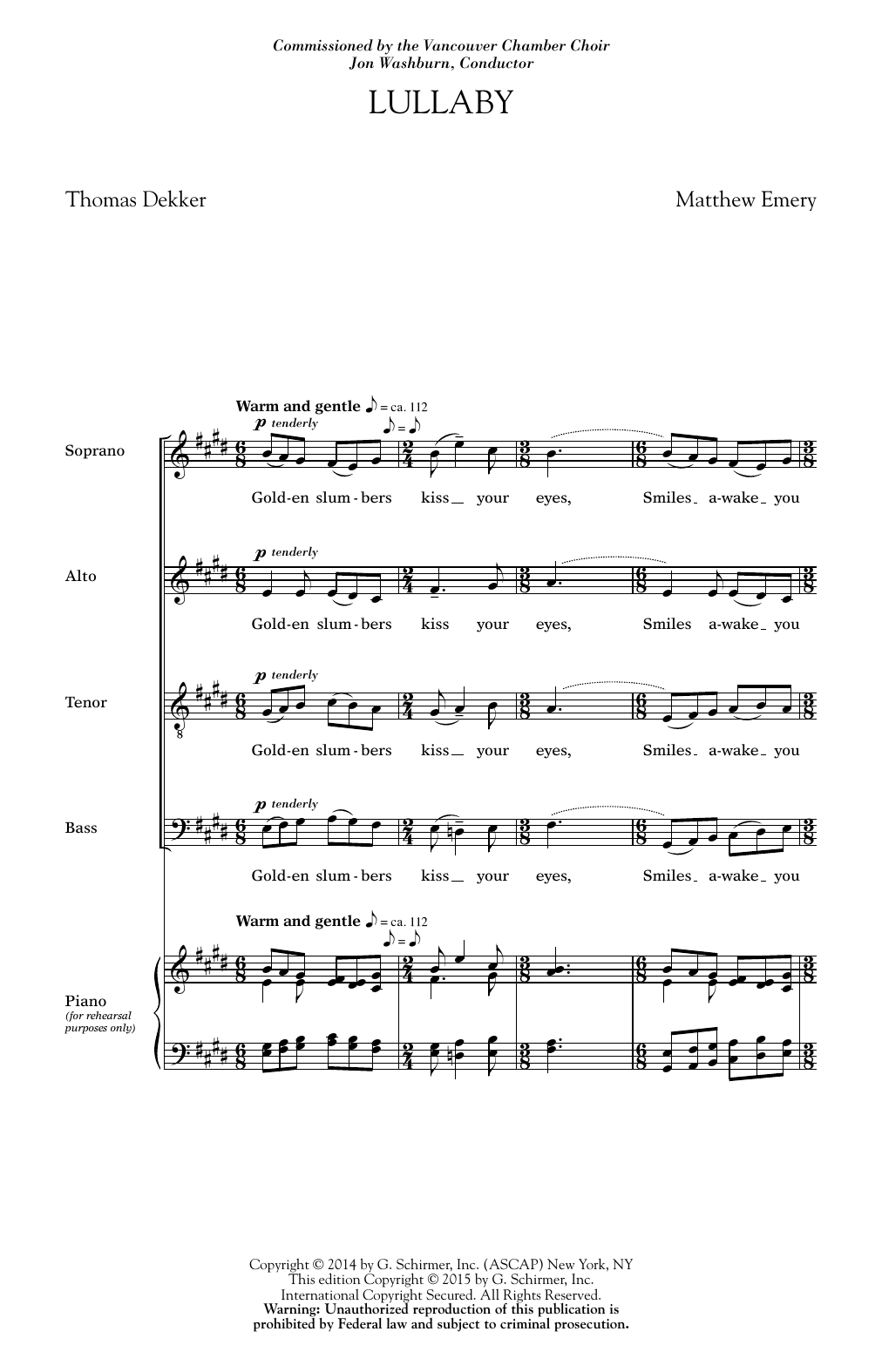 Download Matthew Emery Lullaby Sheet Music and learn how to play SATB PDF digital score in minutes