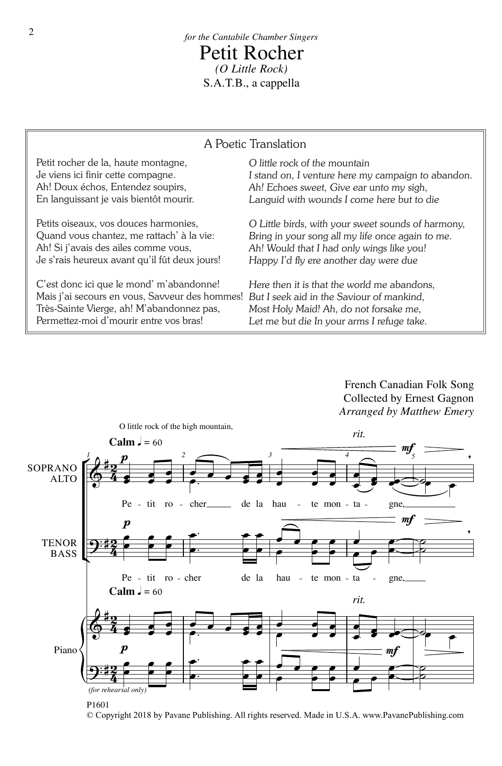 Download Matthew Emery Petit Rocher Sheet Music and learn how to play SATB Choir PDF digital score in minutes