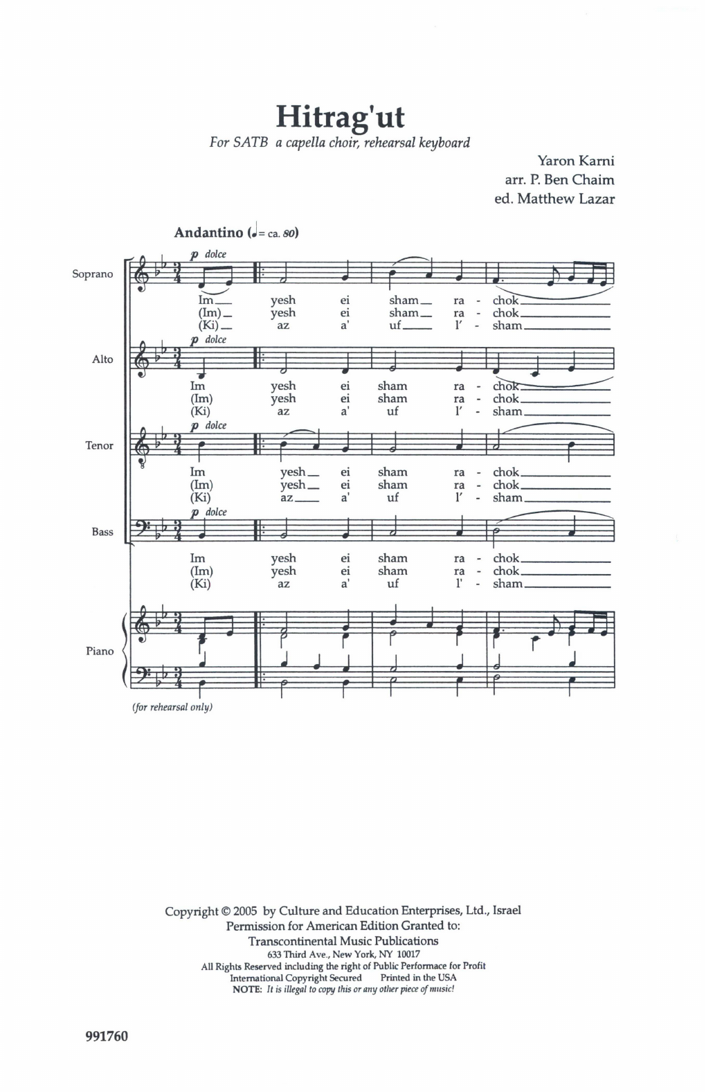 Download Matthew Lazar Hitrag'ut (Tranquility) (arr. Paul Ben-Haim) Sheet Music and learn how to play SATB Choir PDF digital score in minutes