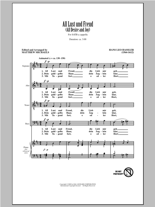 Download Hans Leo Hassler All Lust Und Freud (All Desire And Joy) (arr. Matthew Michaels) Sheet Music and learn how to play SATB PDF digital score in minutes
