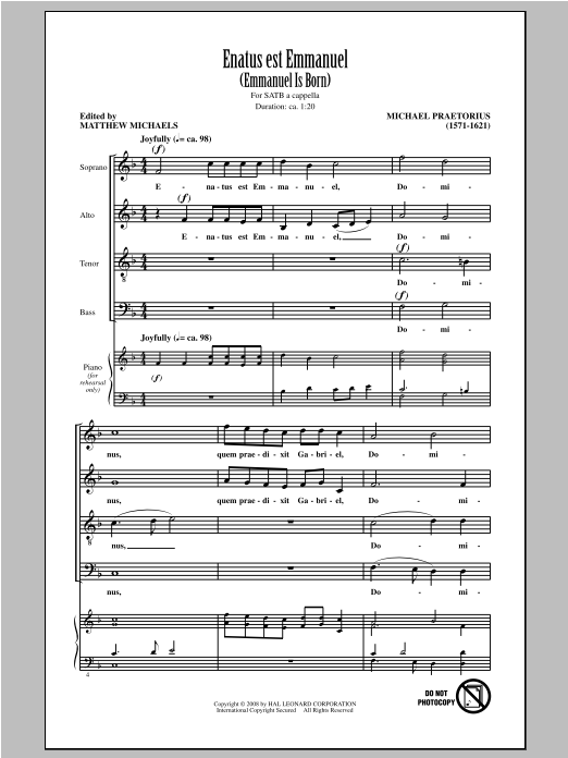 Download Michael Praetorius Enatus Est Emmanuel Sheet Music and learn how to play SATB PDF digital score in minutes