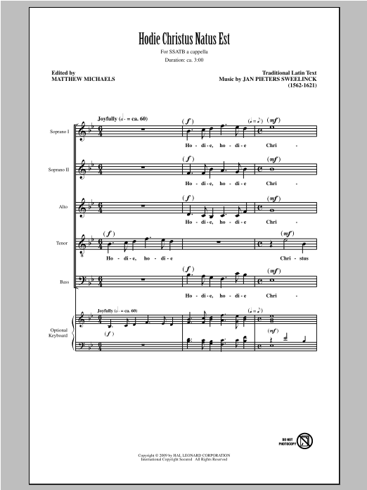 Download Jan Pieterszoon Sweelinck Hodie Christus Natus Est (arr. Matthew Michaels) Sheet Music and learn how to play SATB PDF digital score in minutes