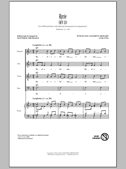 Download Matthew Michaels Kyrie (KV33) Sheet Music and learn how to play SATB Choir PDF digital score in minutes