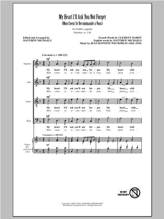 Download Jean-Baptiste Weckerlin My Heart I'll Ask You Not Forget (arr. Matthew Michaels) Sheet Music and learn how to play SATB PDF digital score in minutes