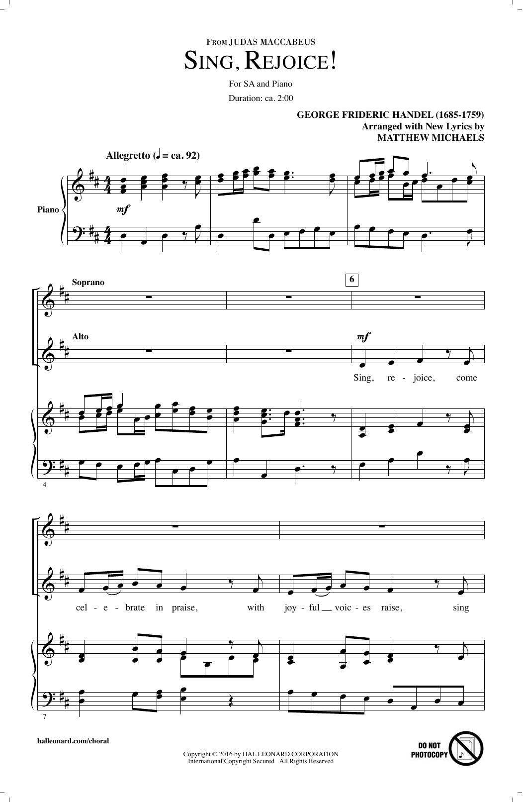 Download Matthew Michaels Sing, Rejoice! (from Judas Maccabaeus) Sheet Music and learn how to play SAB Choir PDF digital score in minutes