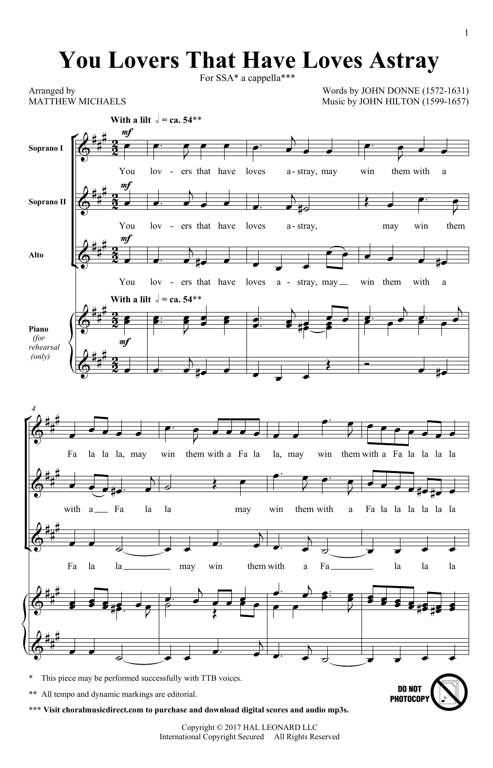 Download Matthew Michaels You Lovers That Have Loves Astray Sheet Music and learn how to play SSA PDF digital score in minutes