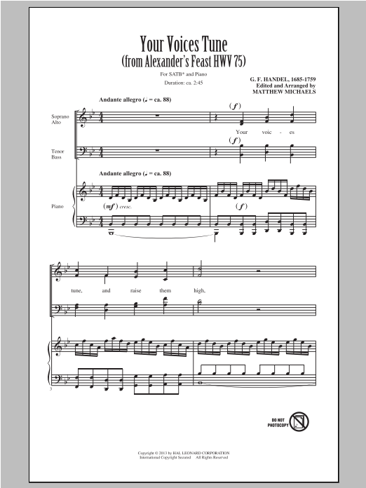 Download George Frideric Handel Your Voices Tune (from Alexander's Feast) (arr. Matthew Michaels) Sheet Music and learn how to play SATB PDF digital score in minutes