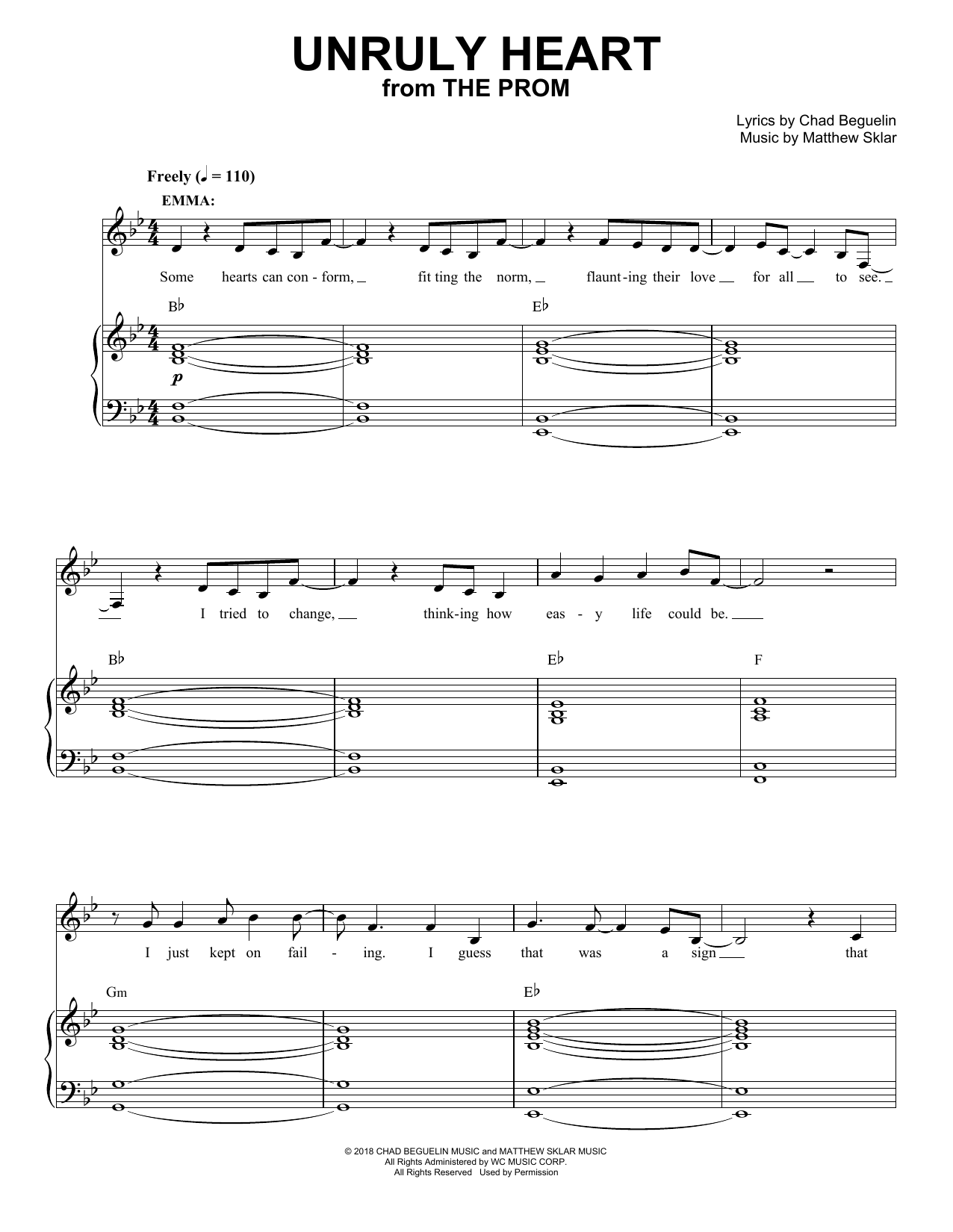 Download Matthew Sklar & Chad Beguelin Unruly Heart (from The Prom: A New Musical) Sheet Music and learn how to play Piano & Vocal PDF digital score in minutes