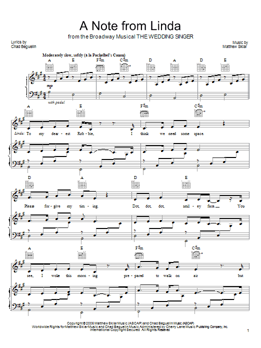 Download Matthew Sklar A Note From Linda Sheet Music and learn how to play Piano, Vocal & Guitar (Right-Hand Melody) PDF digital score in minutes