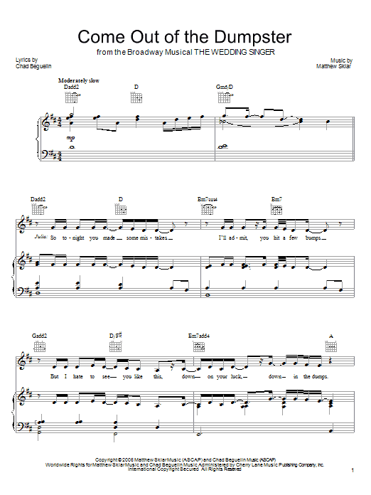 Download Matthew Sklar Come Out Of The Dumpster Sheet Music and learn how to play Piano, Vocal & Guitar (Right-Hand Melody) PDF digital score in minutes