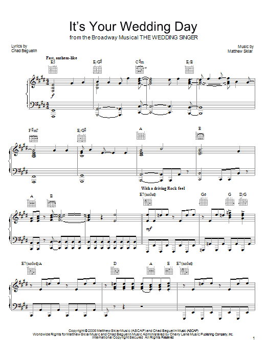 Download Matthew Sklar It's Your Wedding Day Sheet Music and learn how to play Piano, Vocal & Guitar (Right-Hand Melody) PDF digital score in minutes