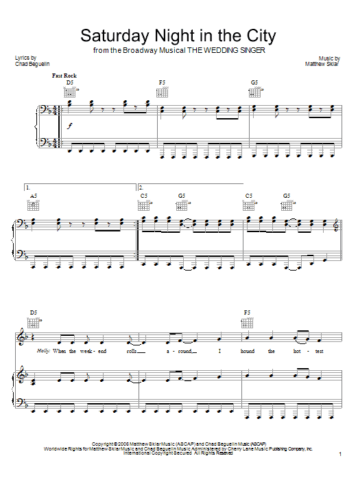 Download Matthew Sklar Saturday Night In The City Sheet Music and learn how to play Piano, Vocal & Guitar (Right-Hand Melody) PDF digital score in minutes