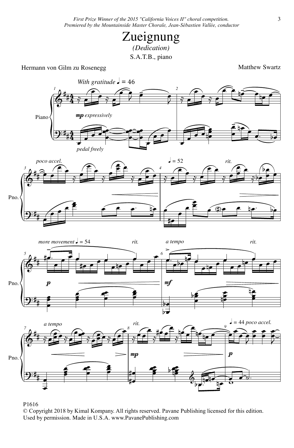 Download Matthew Swartz Zueignung (Dedication) Sheet Music and learn how to play SATB Choir PDF digital score in minutes