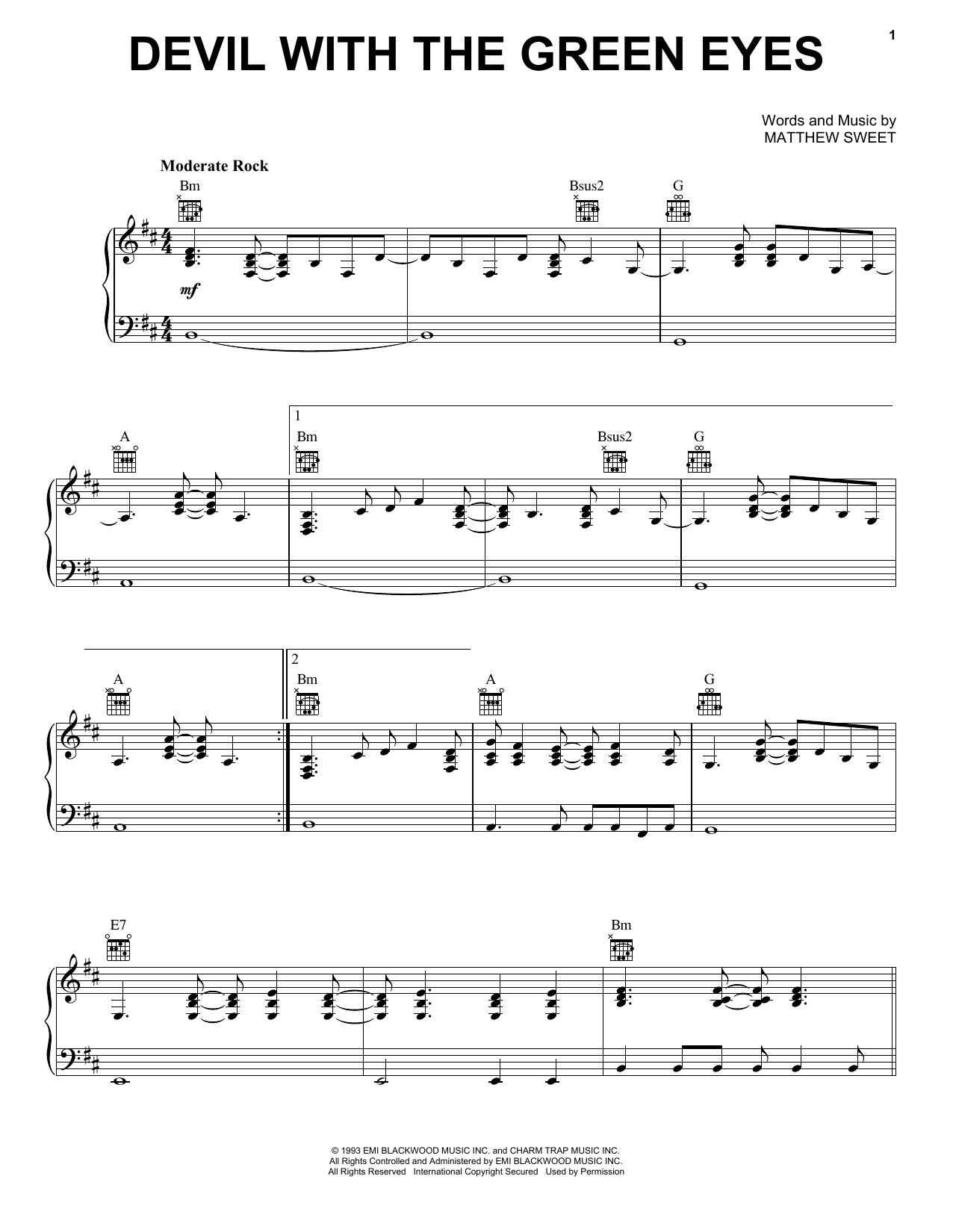 Download Matthew Sweet Devil With The Green Eyes Sheet Music and learn how to play Piano, Vocal & Guitar Chords (Right-Hand Melody) PDF digital score in minutes