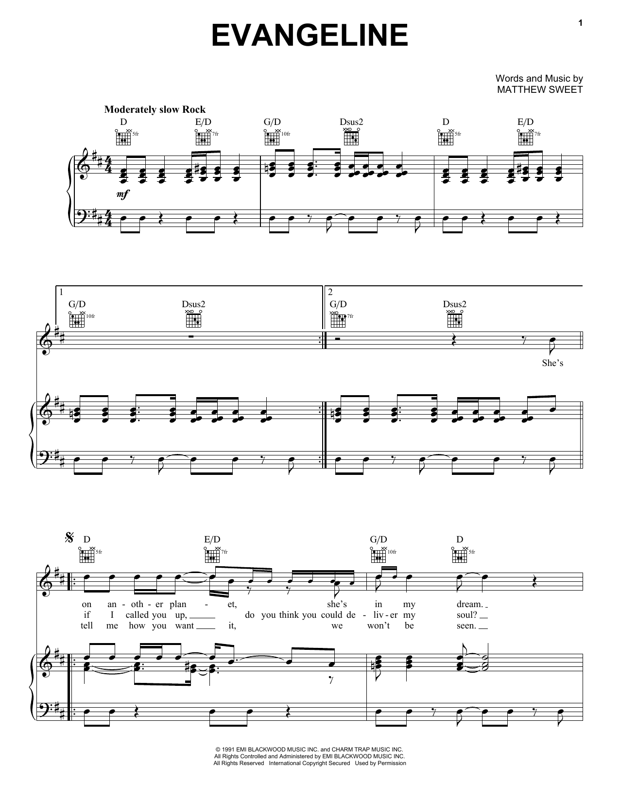 Download Matthew Sweet Evangeline Sheet Music and learn how to play Piano, Vocal & Guitar Chords (Right-Hand Melody) PDF digital score in minutes