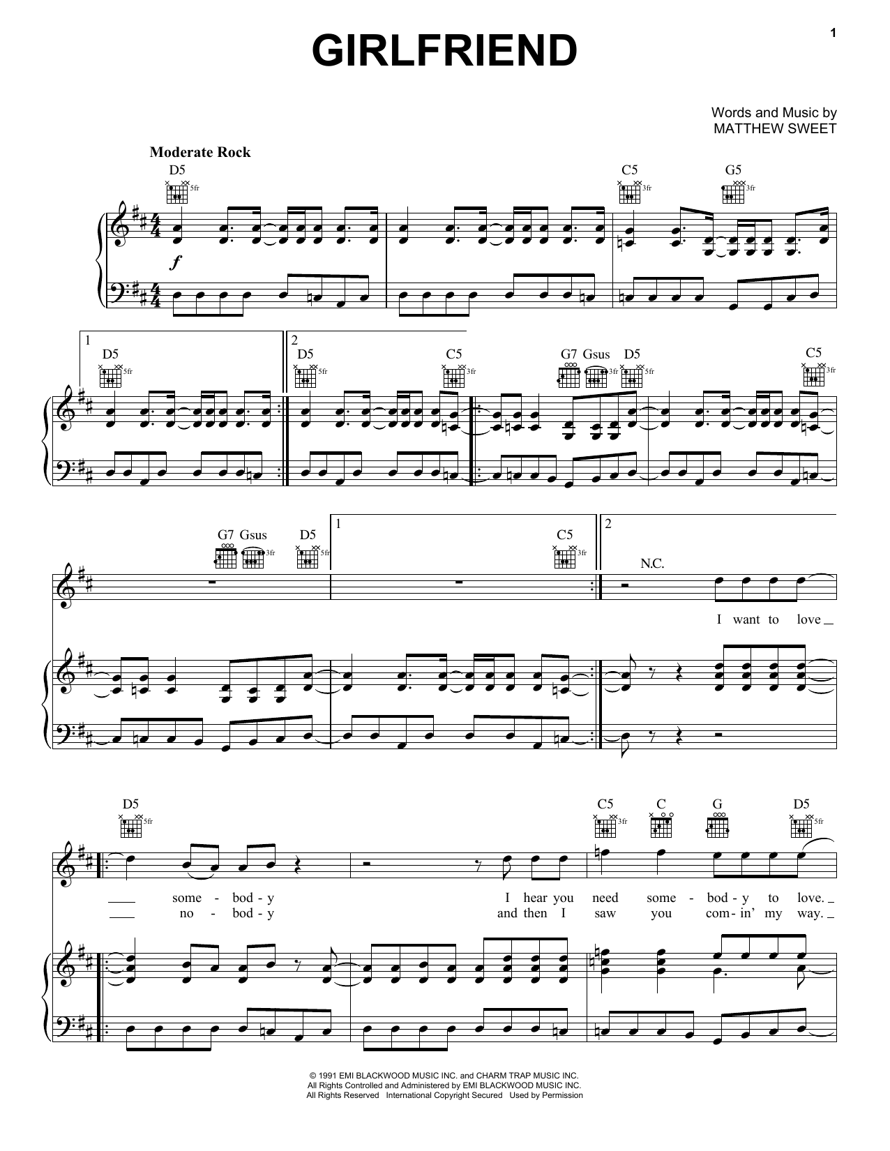 Download Matthew Sweet Girlfriend Sheet Music and learn how to play Piano, Vocal & Guitar (Right-Hand Melody) PDF digital score in minutes